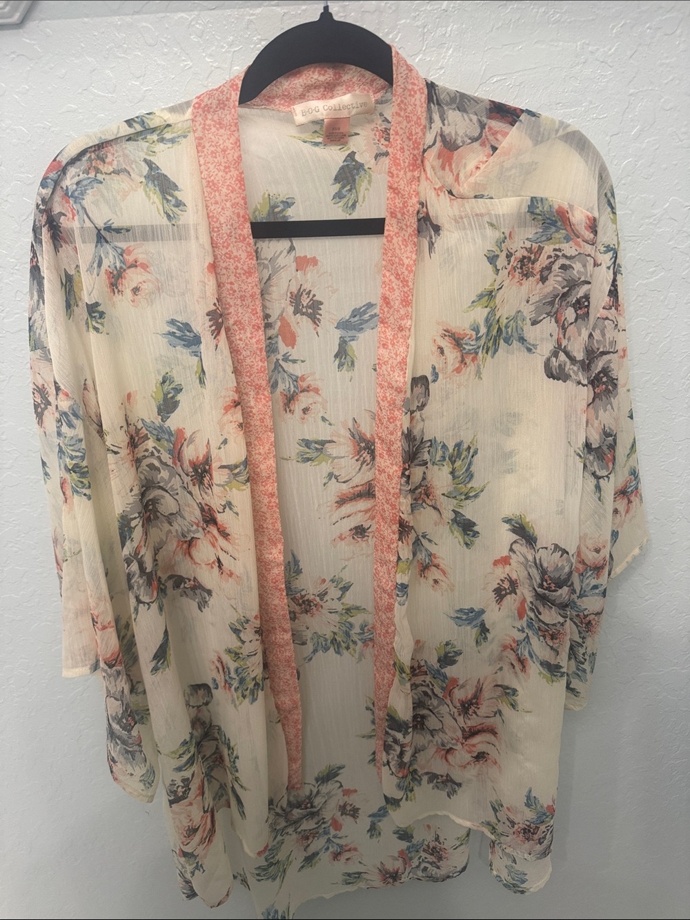 BOG Collection Boho Floral Sheer Kimono Robe - Cream/Coral